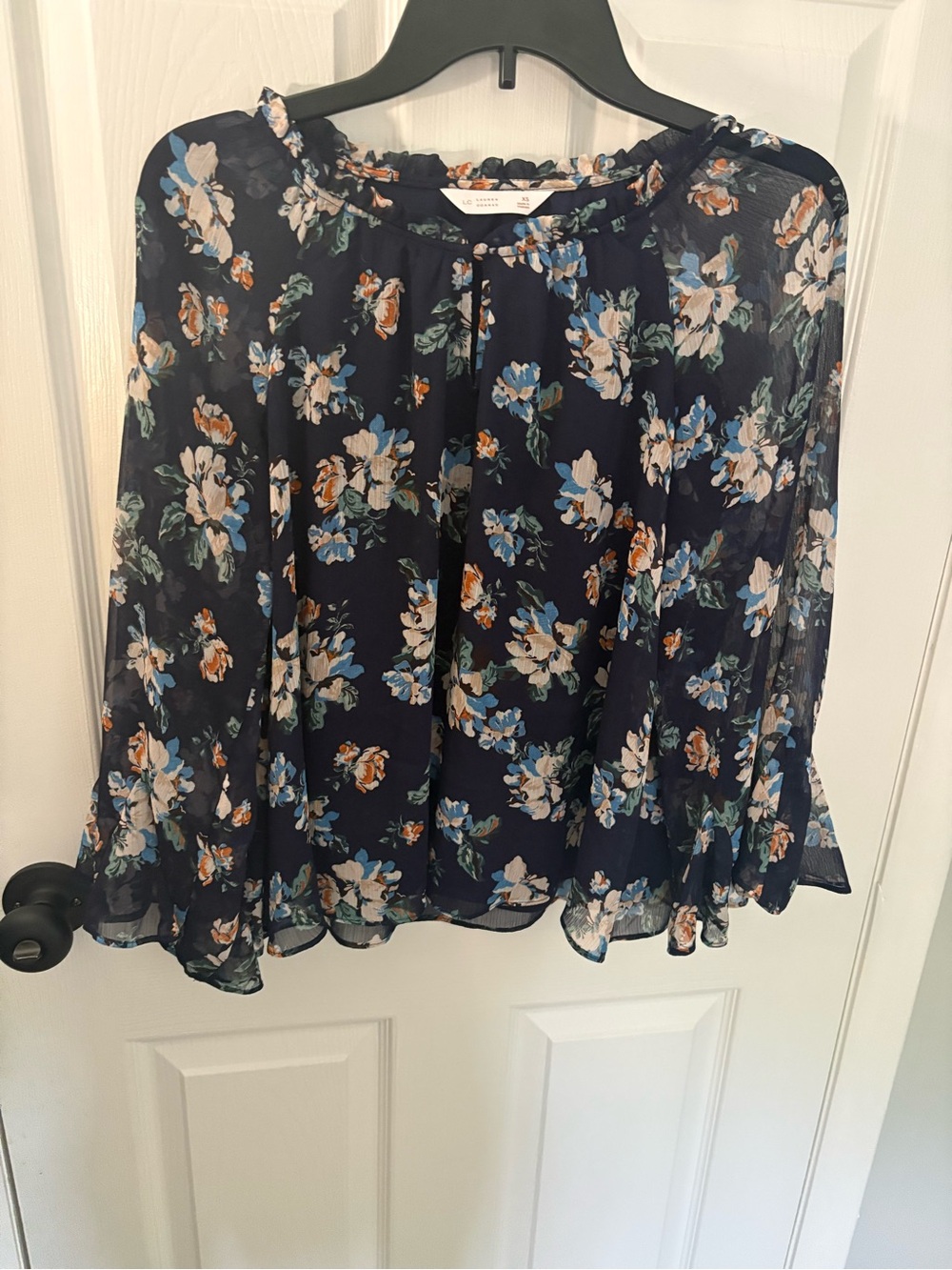 LC Lauren Conrad Navy Floral Peasant Blouse with Ruffle Hem